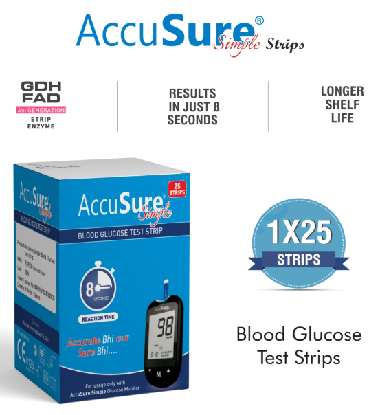 AccuSure Simple Blood Glucose Test Strip - 25 Strips (Only Strips)