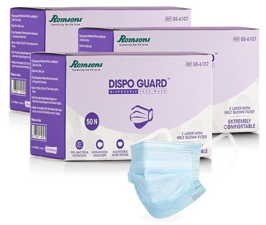 Romsons Dispo Guard 3 Ply Mask With Softest Ear Loops, 50Pcs/Pack (Pack of 3), 150 Pcs, Blue